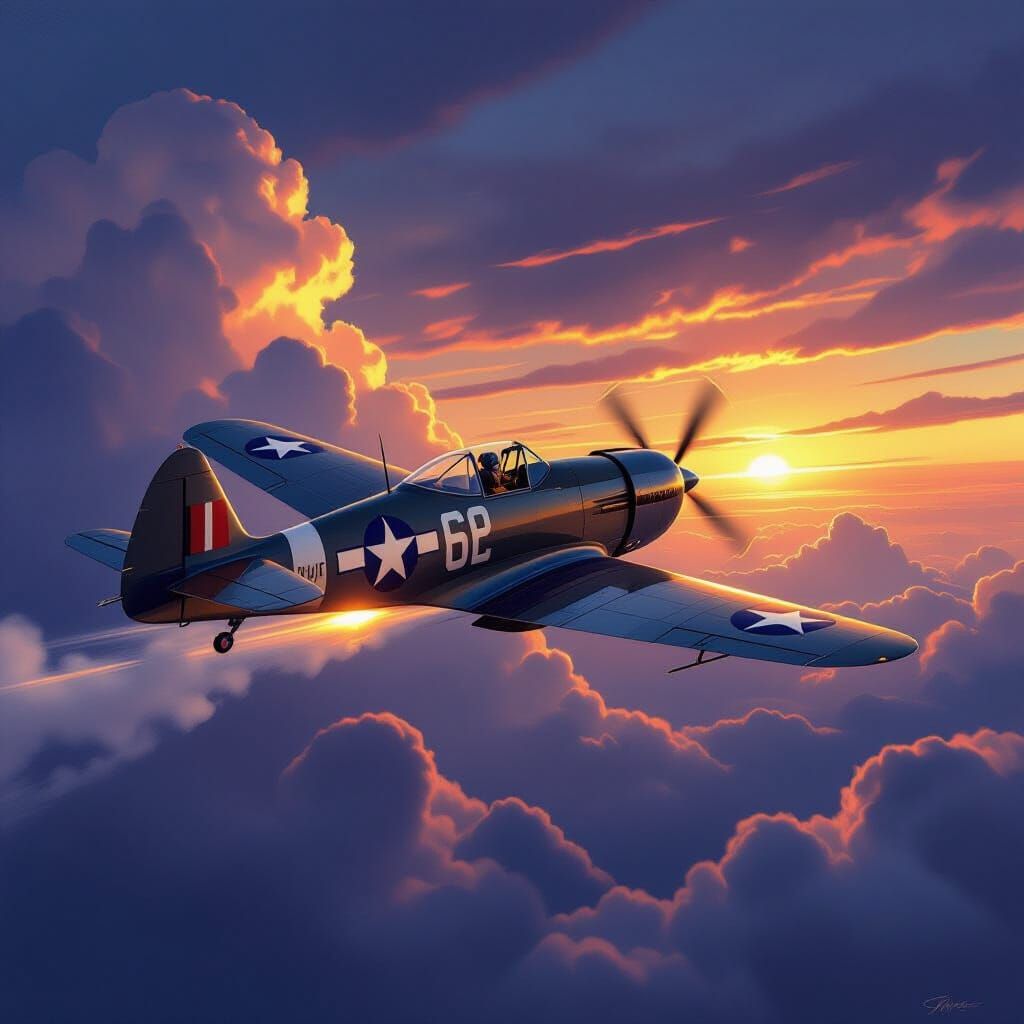WWII Fighter Jet in Dramatic Dusk Sky