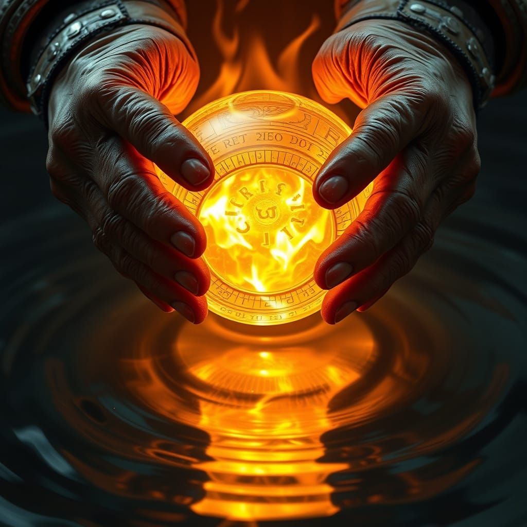 Ancient Hands Hold a Flickering Crystal Ball of Fire