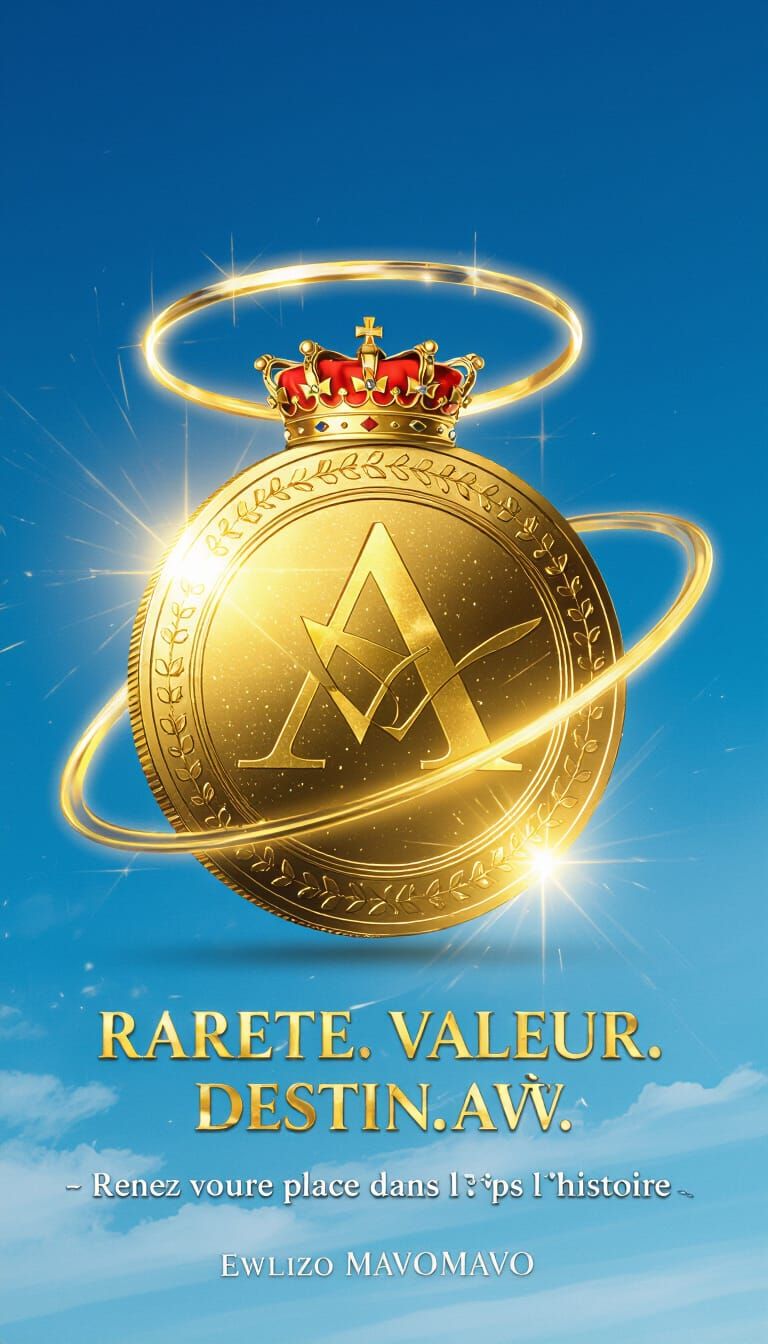 Golden Alpha Omega Coin Logo with Crown in 3D