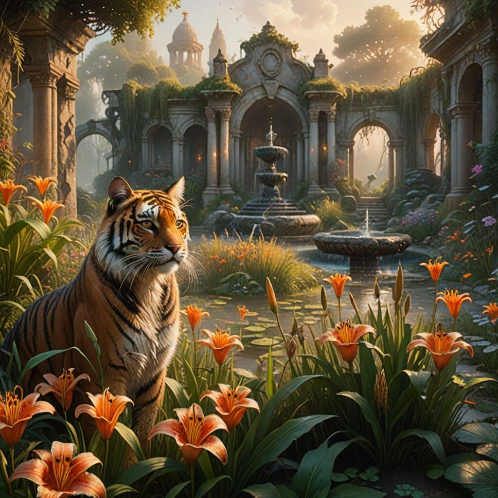 Ethereal Tiger in Abandoned Garden at Golden Hour