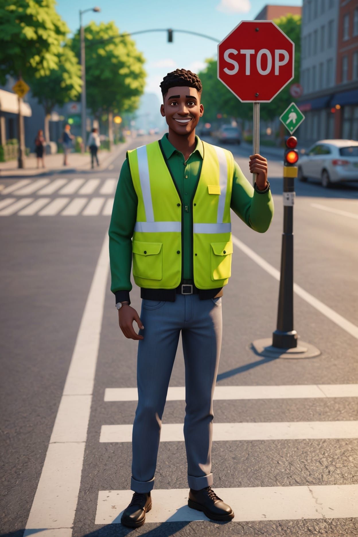 Sims Character as Crossing Guard in Morning Light