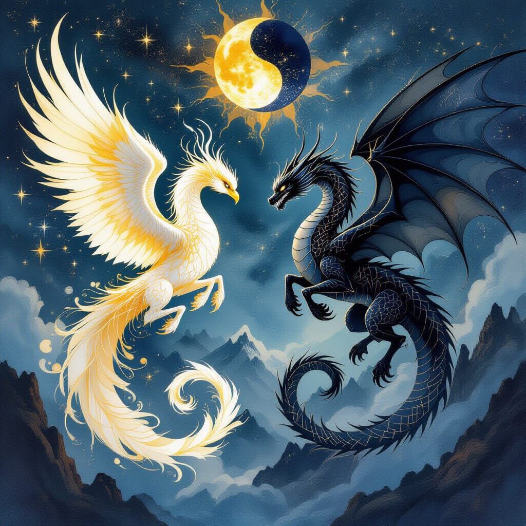 Mythical Battle: Phoenix vs Dragon in Celestial Ink Style