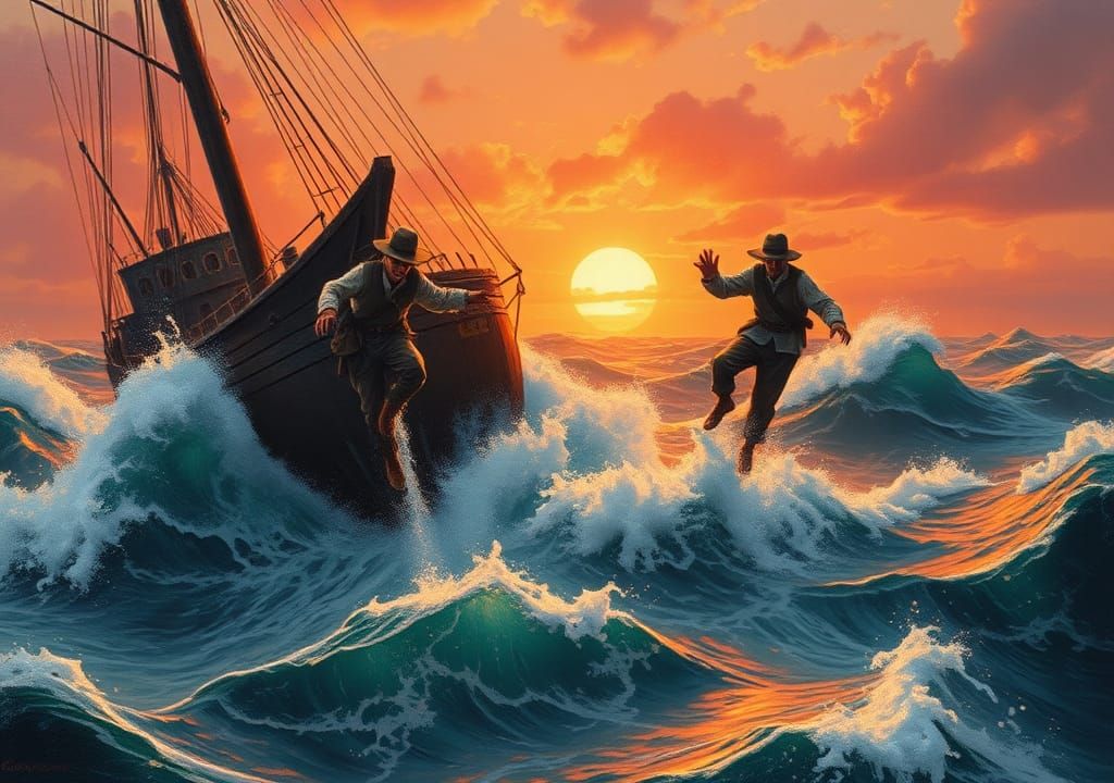 Sailors Escape Sinking Ship at Sunset: Impressionist Paintin...