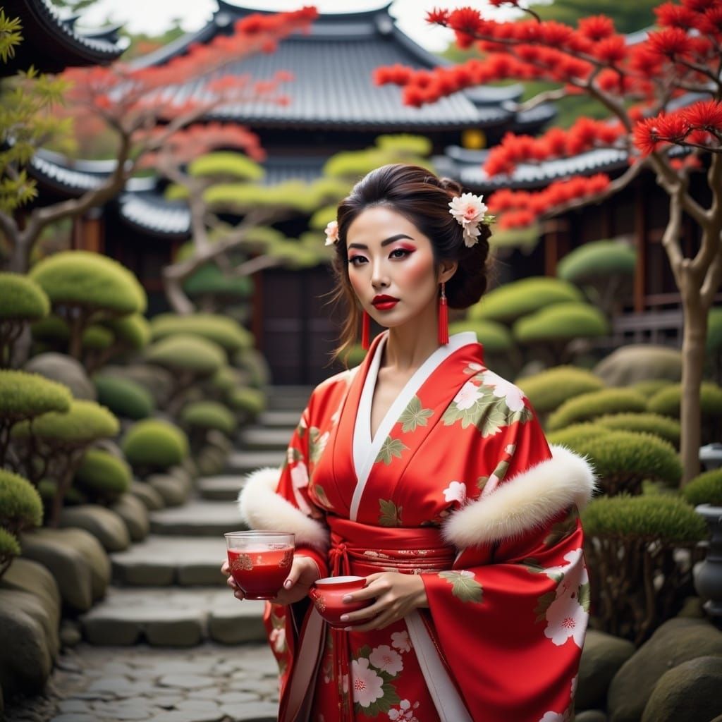 Geisha in Red Kimono in Winter Garden