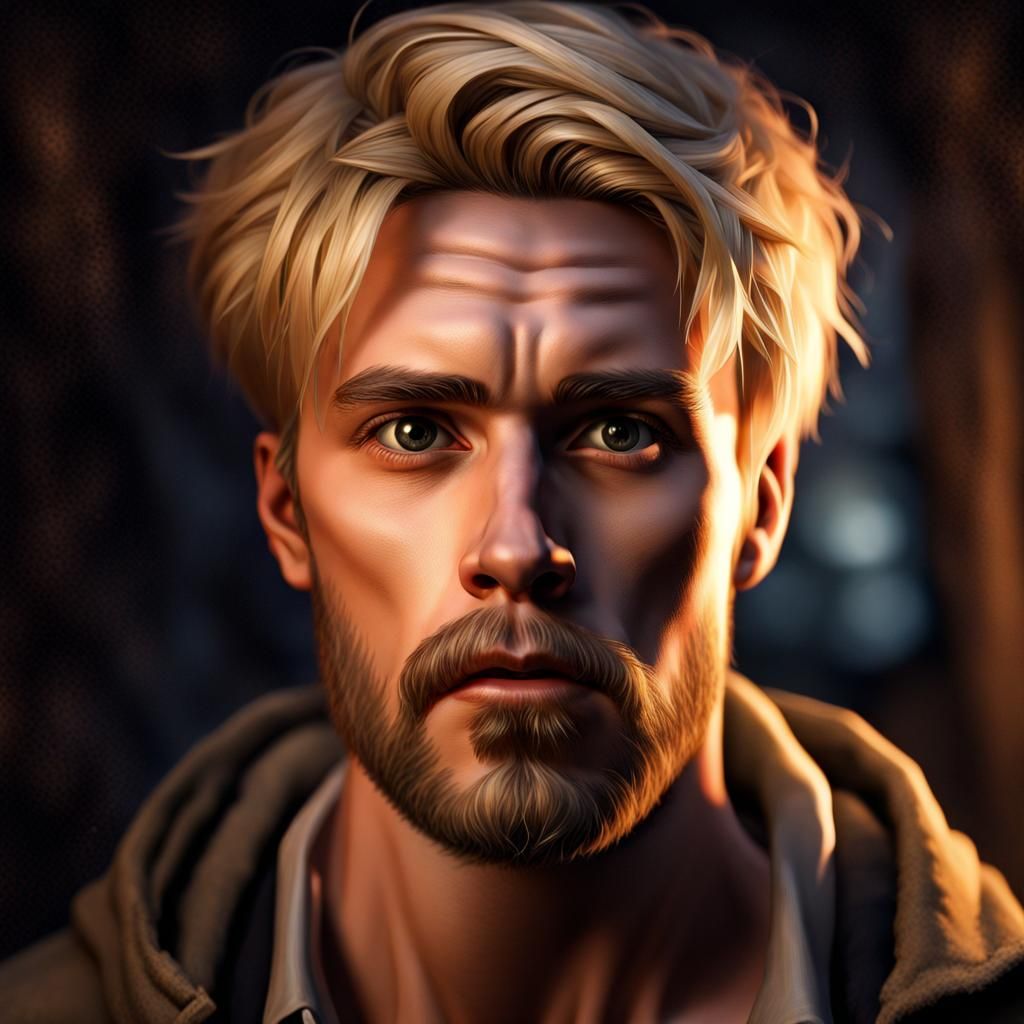 Surprised Blond Man in Subterranean Torchlight Portrait
