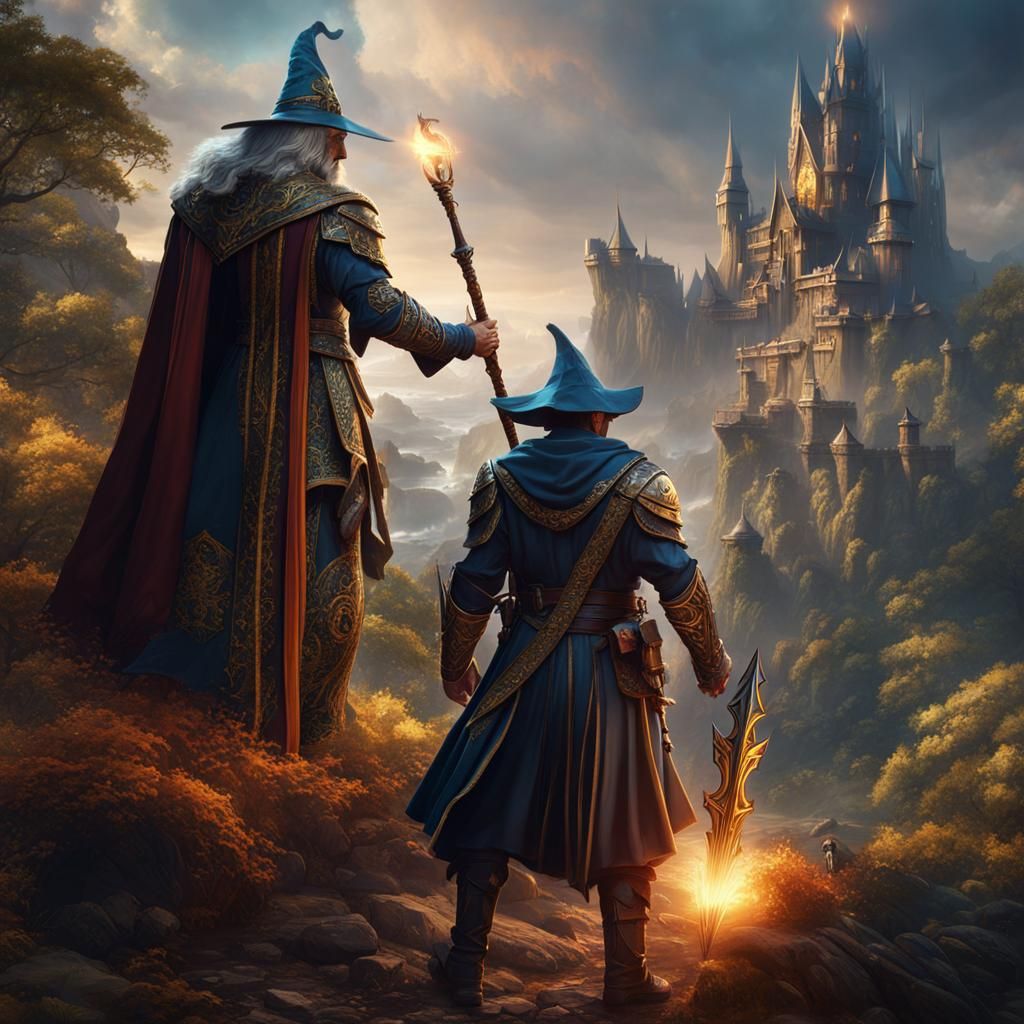 Fantasy Wizard Teaches Warrior: Detailed Matte Painting