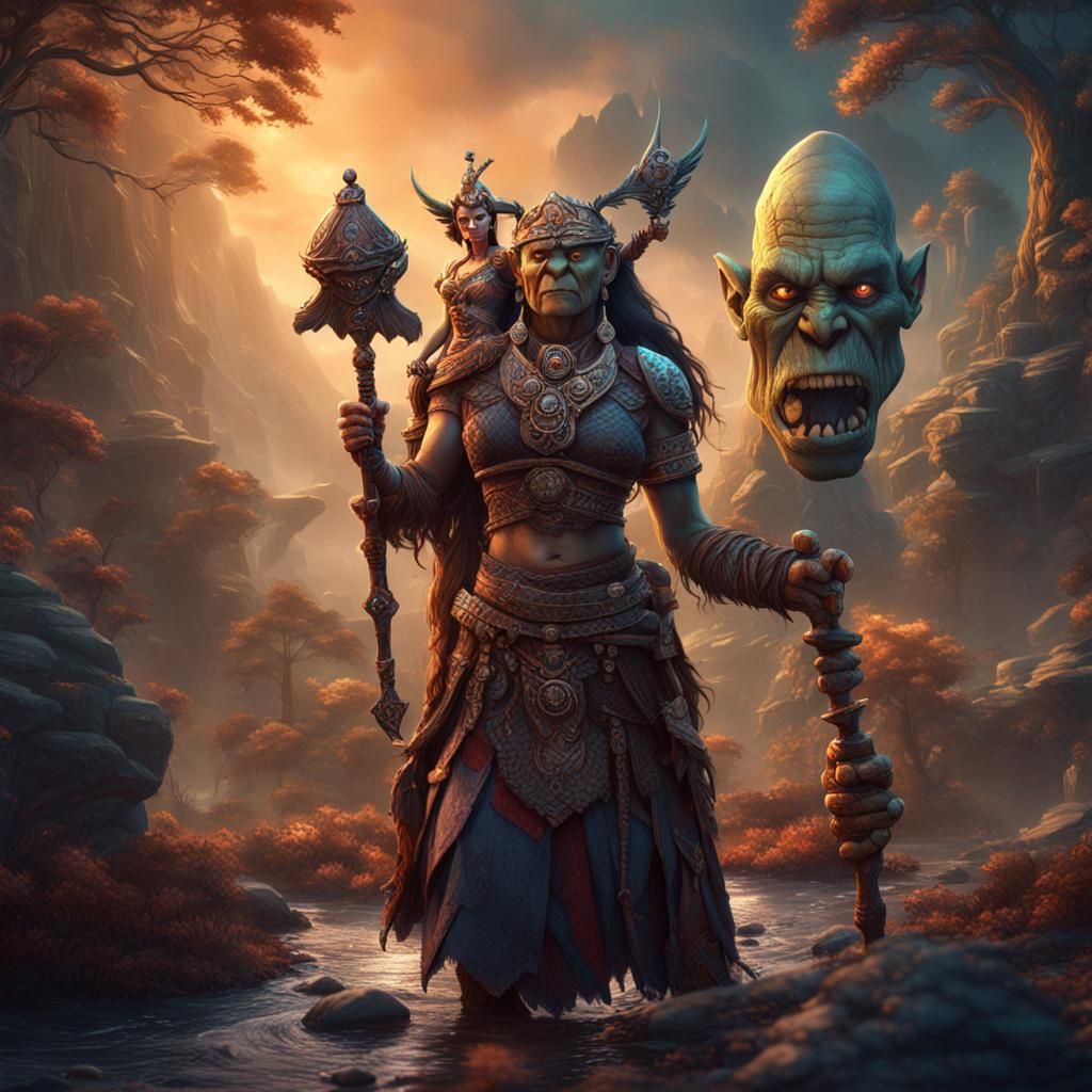 Orc Shaman and Tibetan Goddess: Detailed Matte Painting