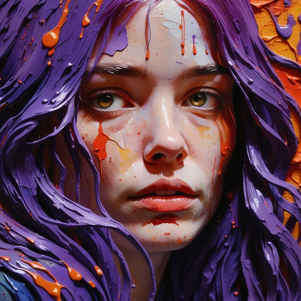 Woman with Purple Hair in Gouache Style