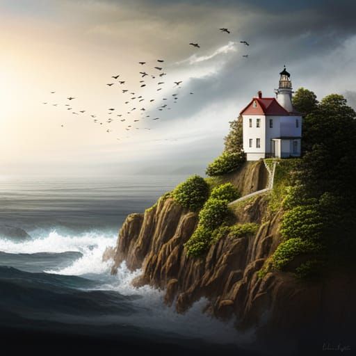 Lighthouse Cliffside Scene in Black Ink Drawing