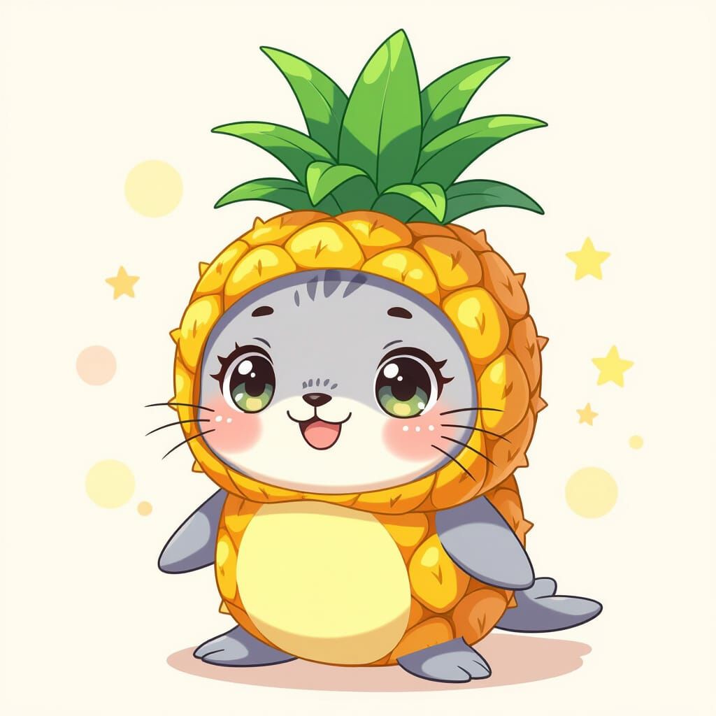 Cute Chibi Seal Dressed as Pineapple in Ghibli Style