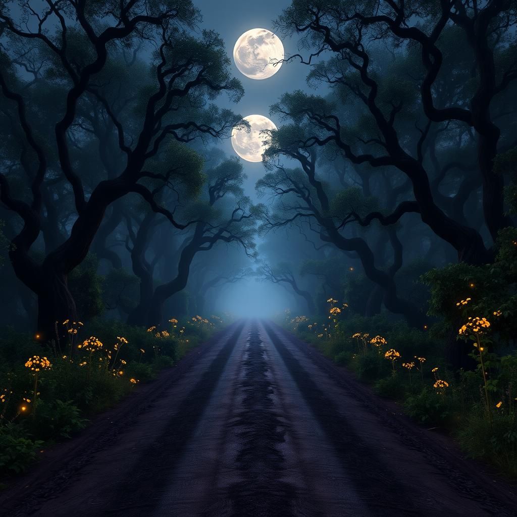 Mystical Moonlit Road Through Dark Fantasy Forest