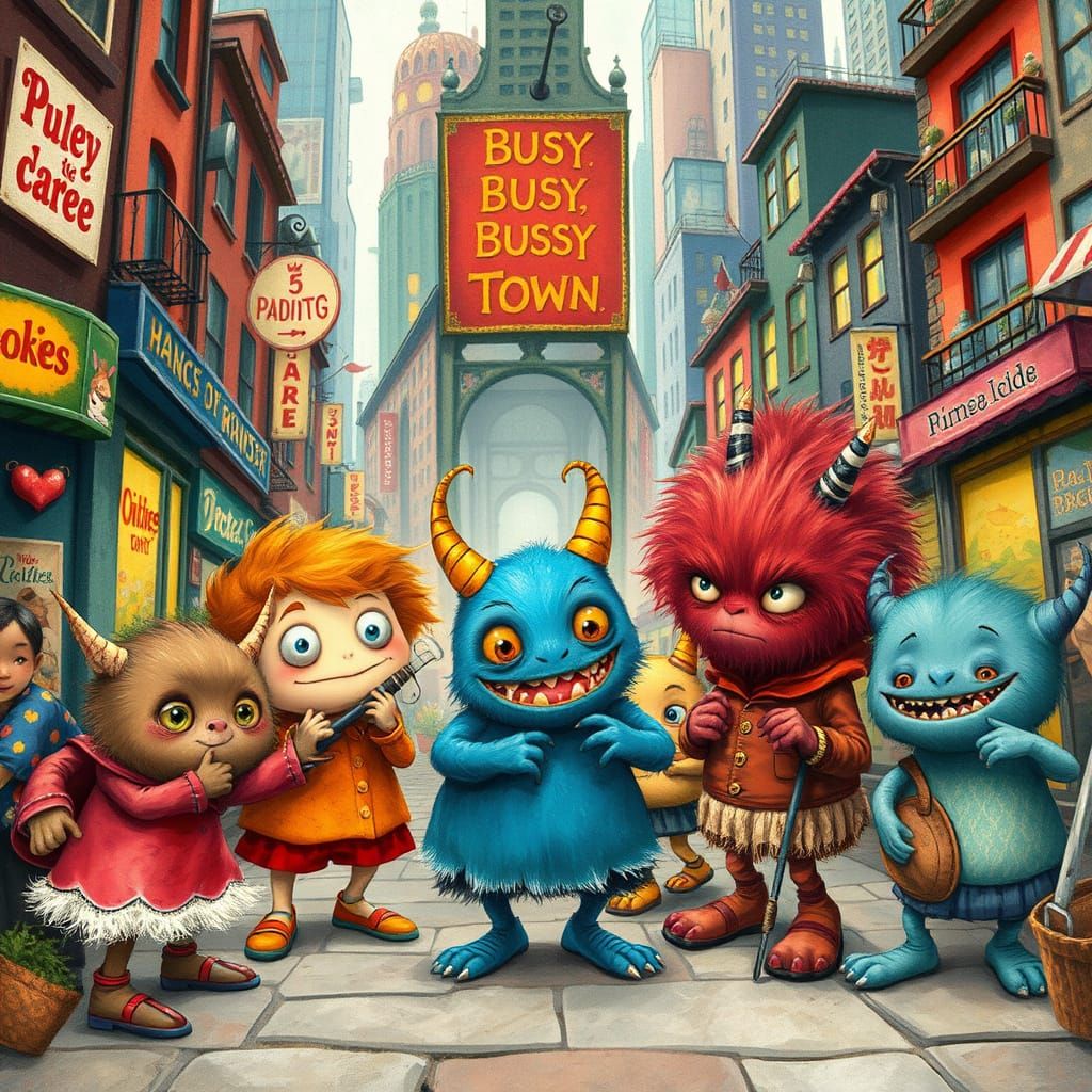 Colorful Monsters Play in a Busy Town