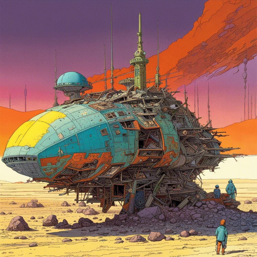 Wasteland Starship: Moebius-Inspired Sci-Fi Art