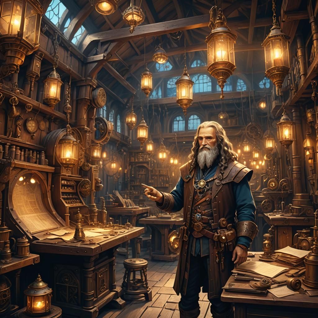 Steampunk Leonardo da Vinci in Mystical Workshop
