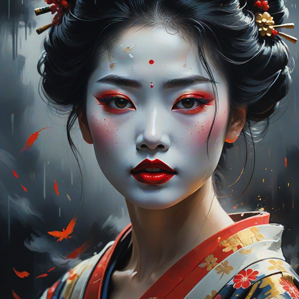 Triumphant Geisha in Dark Impasto Oil Painting