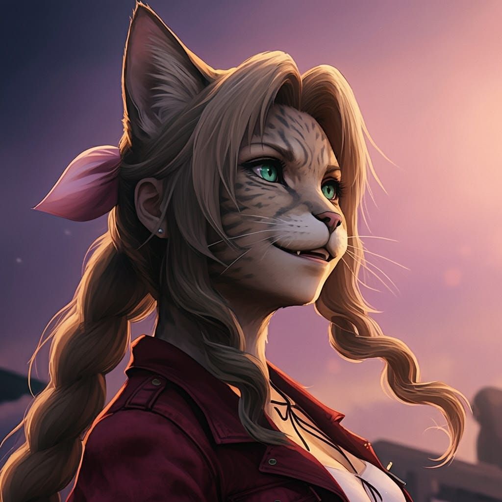 Catgirl Aerith Gainsborough, Anime Art in Manga Style