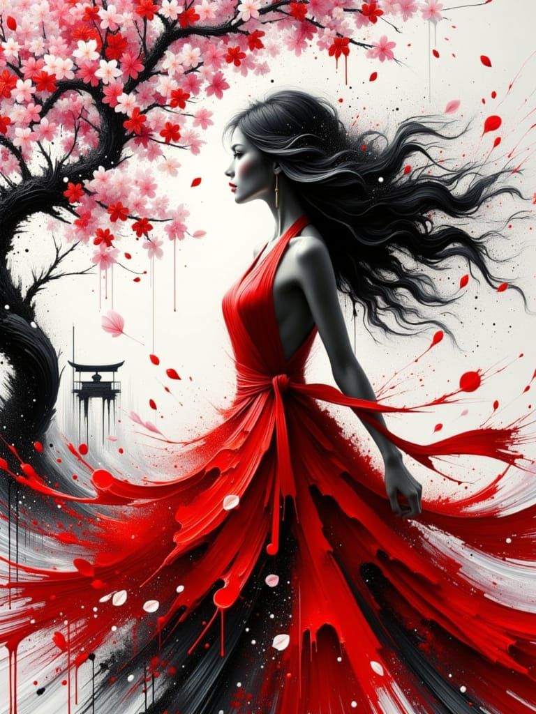 Abstract Woman in Red Dress with Cherry Blossoms
