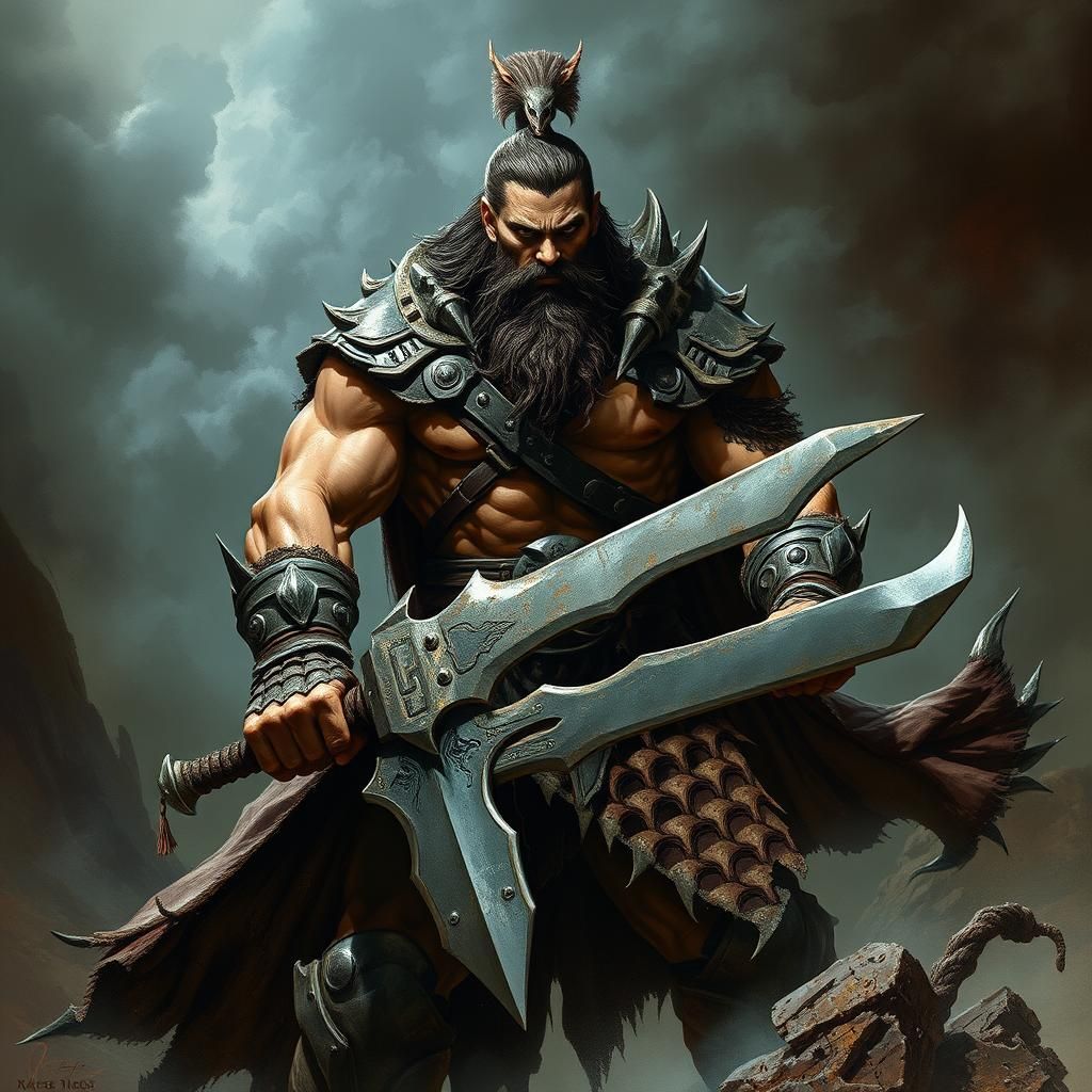 Fierce Warrior in Dark Fantasy Landscape