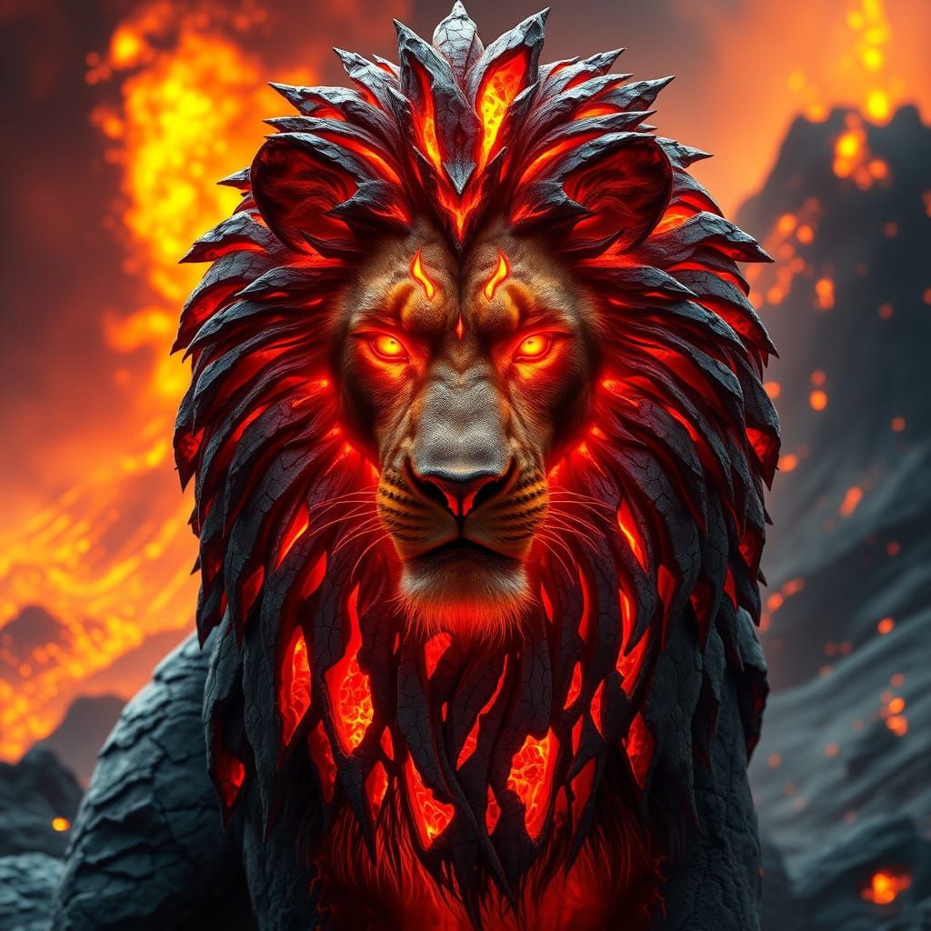 Surreal Lion Volcano in Cyberpunk Style