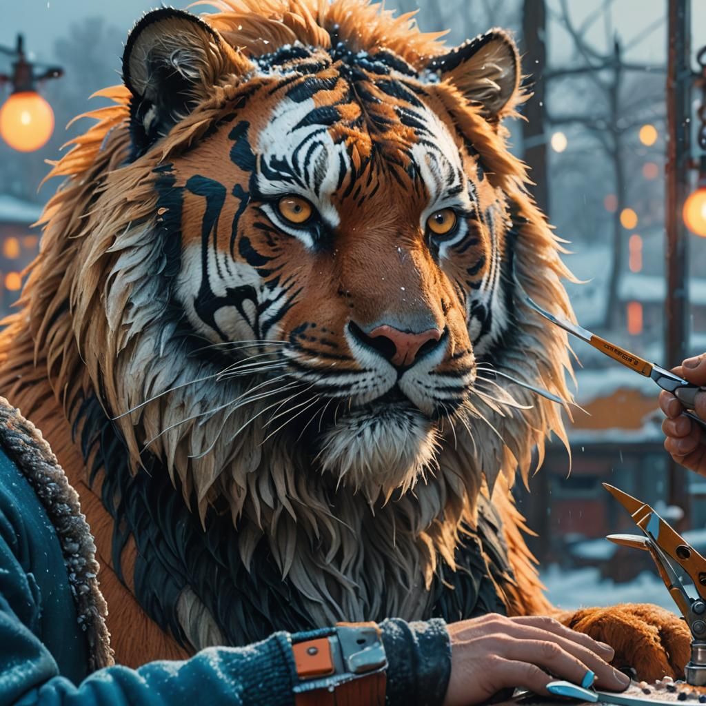 Fantasy Barber Trims a Tiger's Mane: Matte Painting
