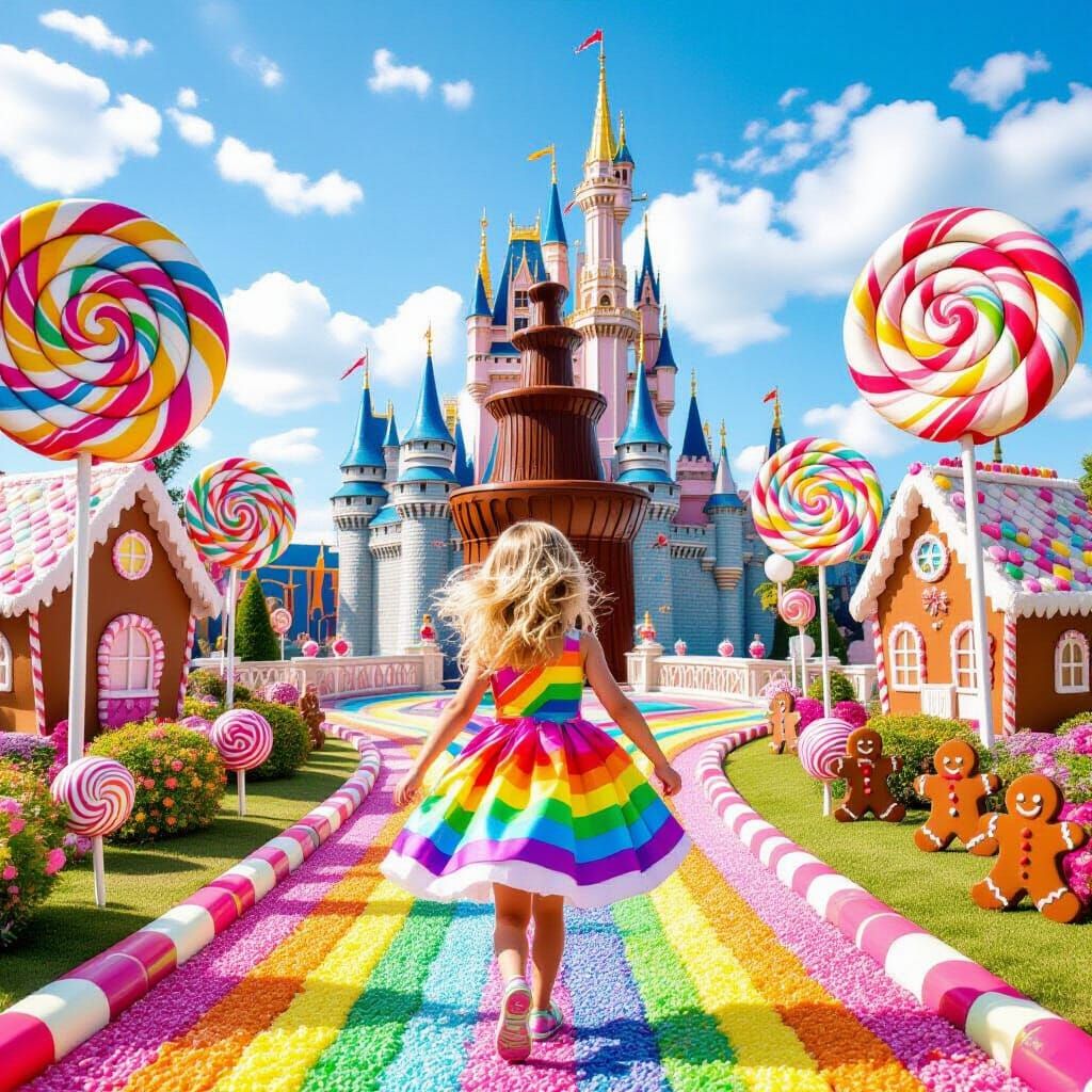 Girl in Rainbow Dress Skips to Candy Castle