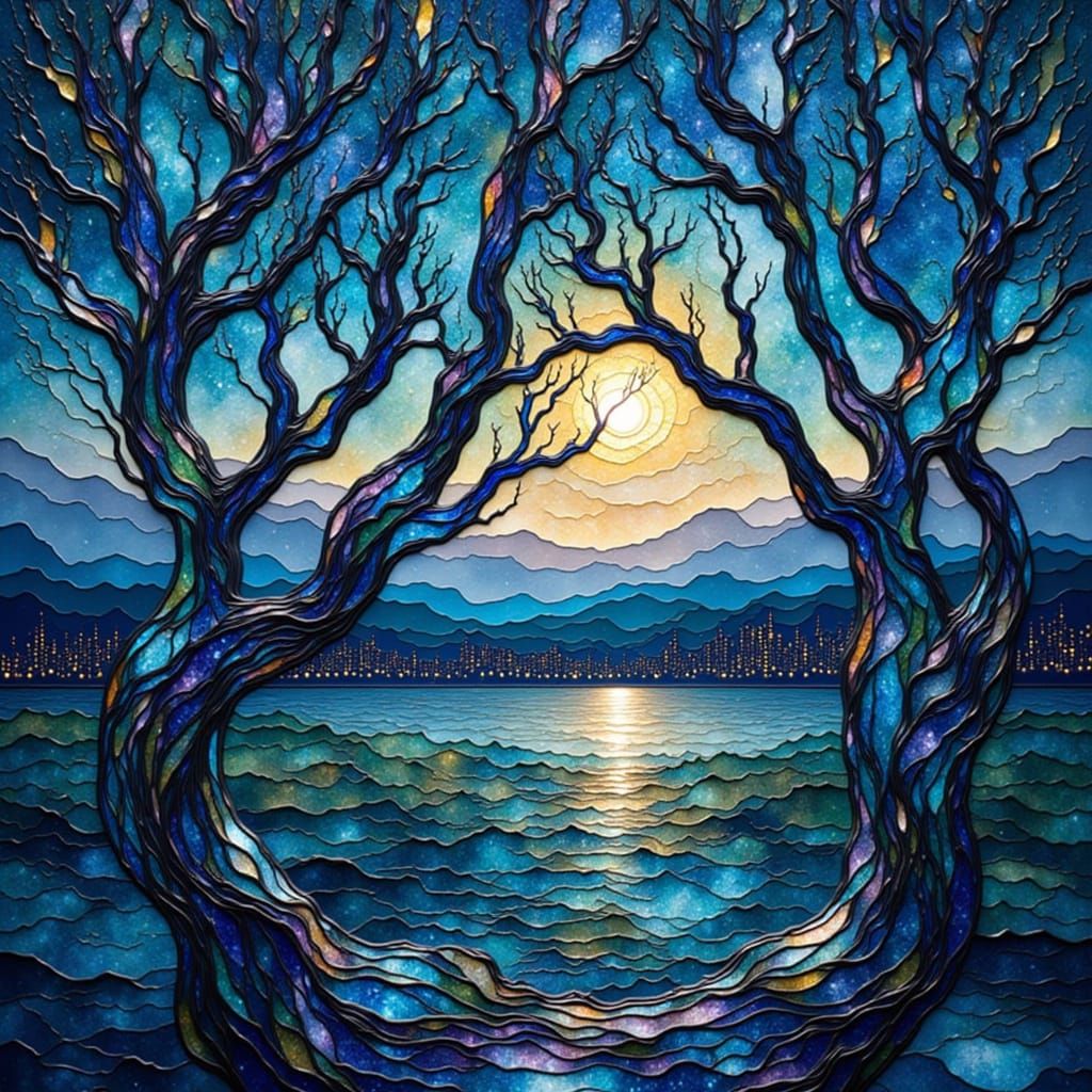 Twisted Trees at Summer Night with Distant Town Lights