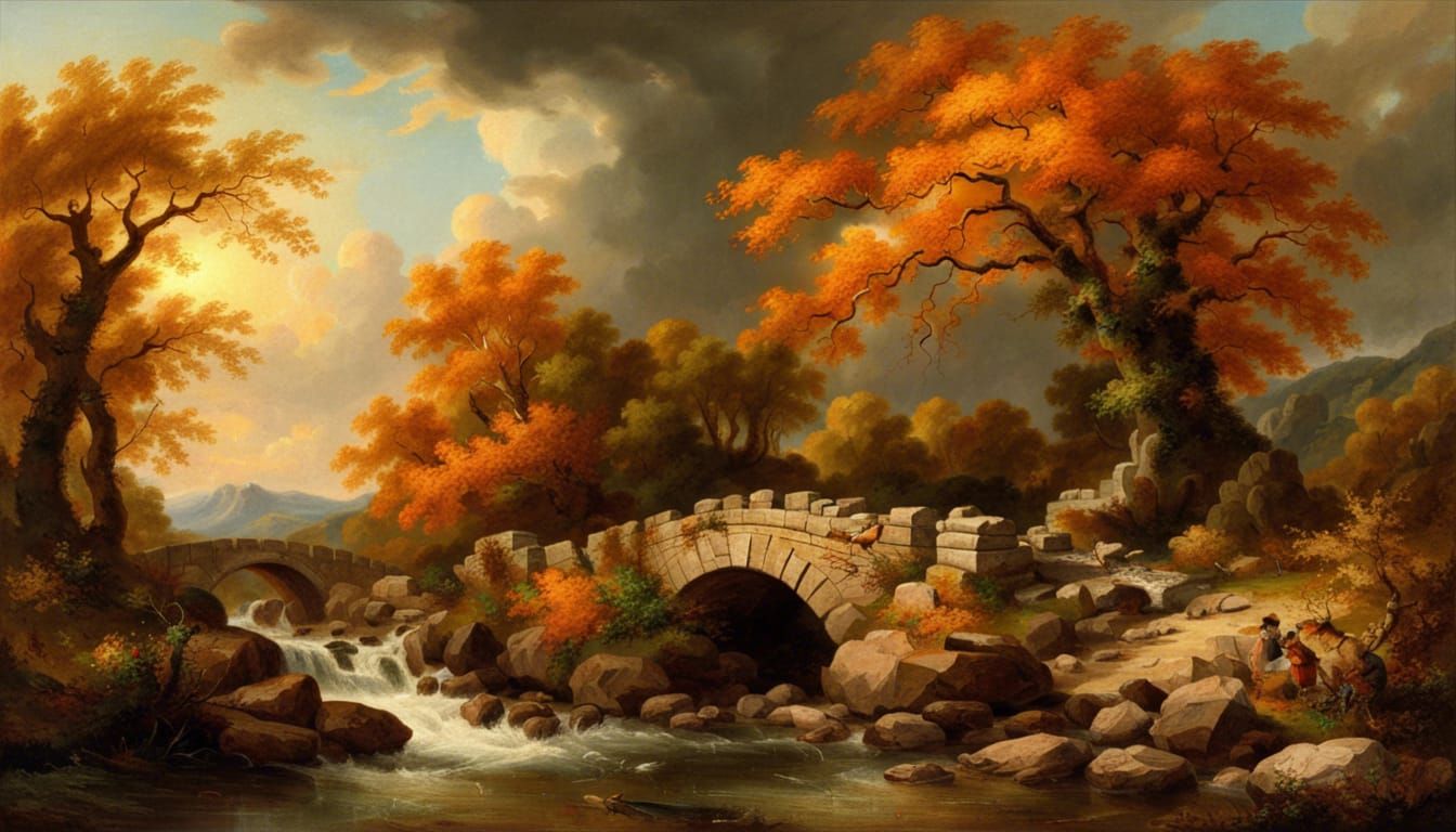 Autumn Stone Bridge Landscape in Synthwave Style