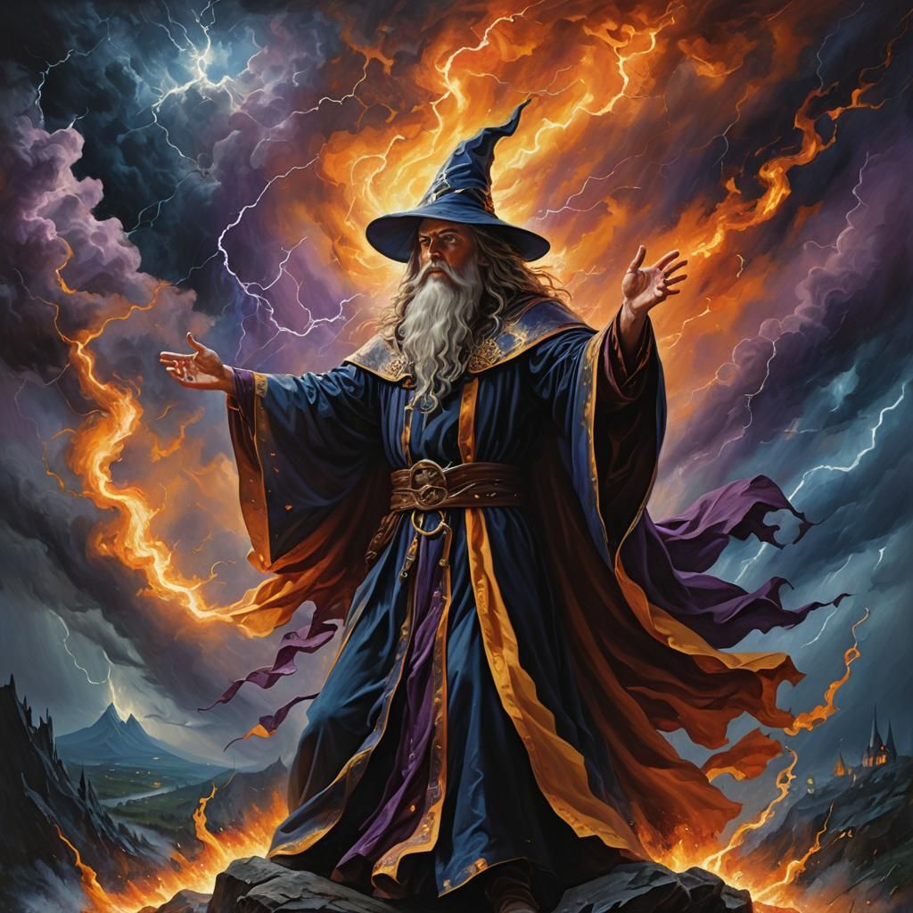 Wizard in a Thunderstorm: Dramatic Oil Painting