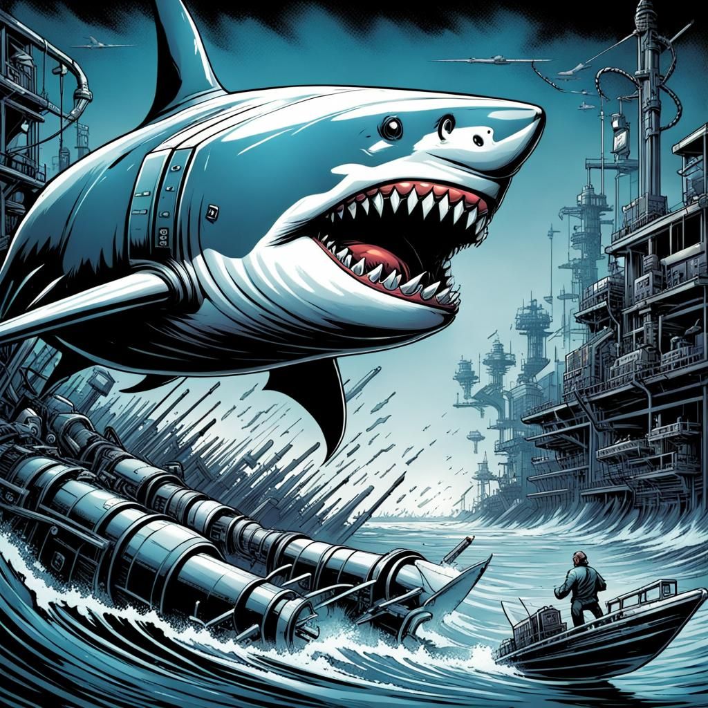 Mechanical Shark Man in Comic Book Style
