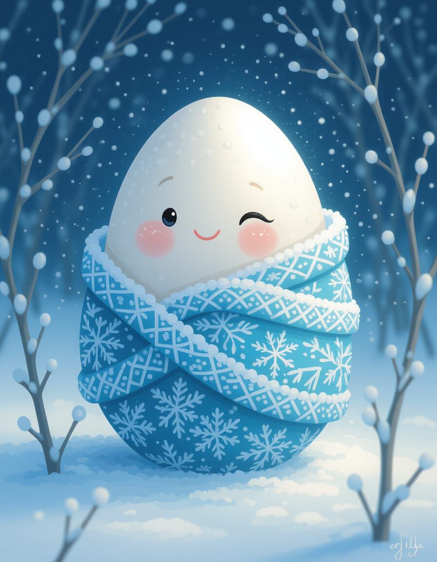 Miniature Egg in Winter Cape, Dreamy Art
