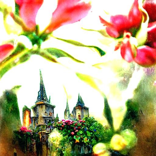 Ethereal Castle: Vines and Flowers in Mist