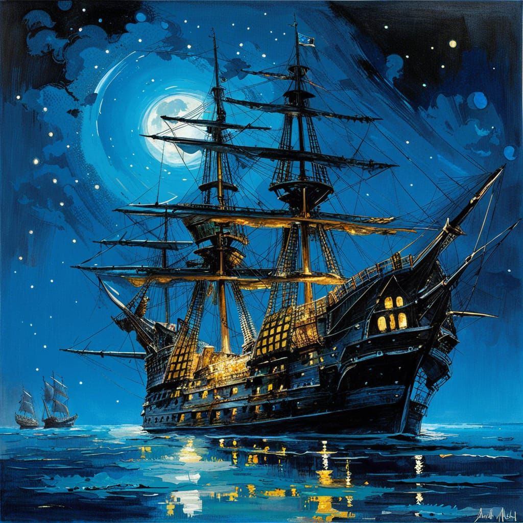 Glowing Ghost Pirate Ship Under Moonlight