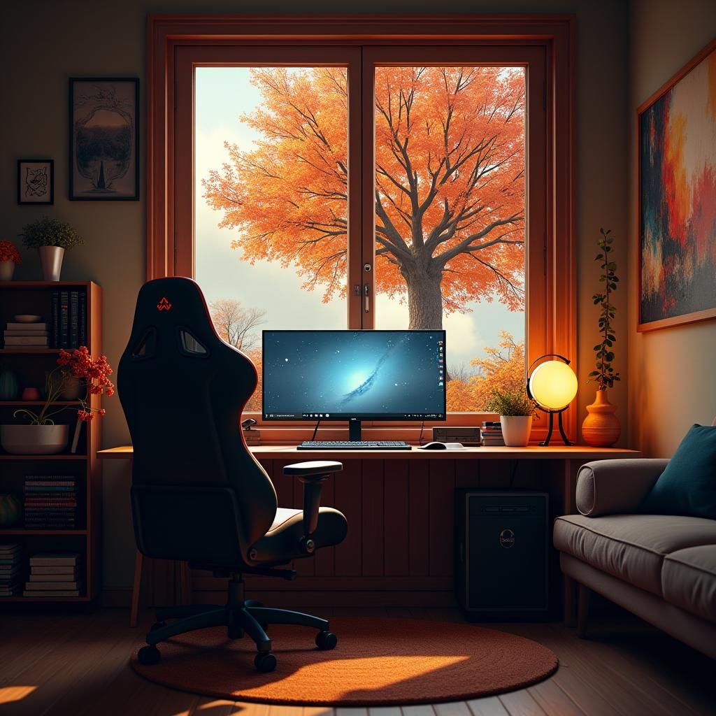 Cozy Autumn Gaming Room: Detailed Matte Painting