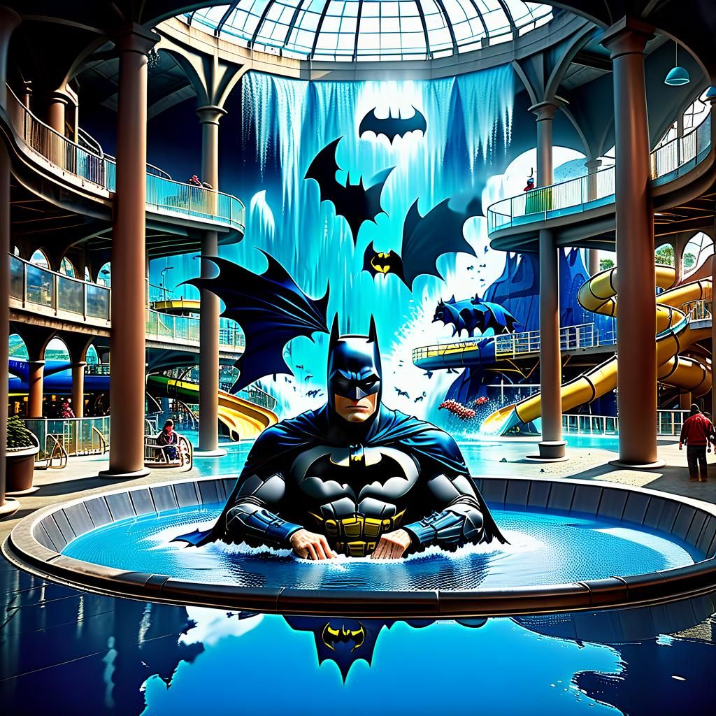 Batman Relaxing in Aquapark: Detailed Digital Painting