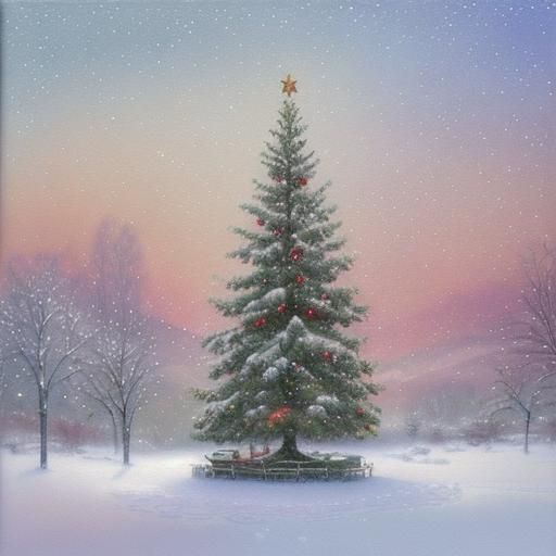 Winter Landscape Christmas Tree in Gouache Style