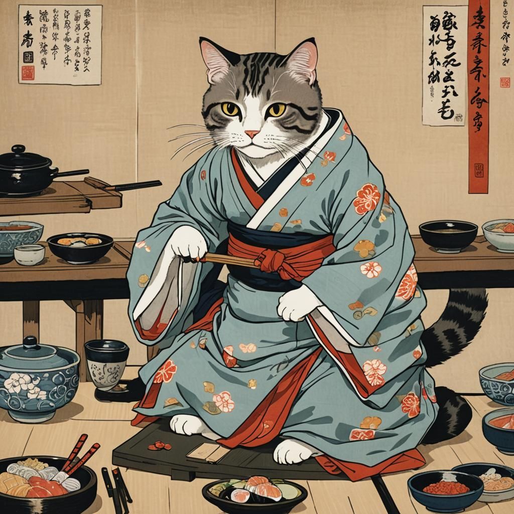 Cat Sushi Chef in Ukiyo-e Style