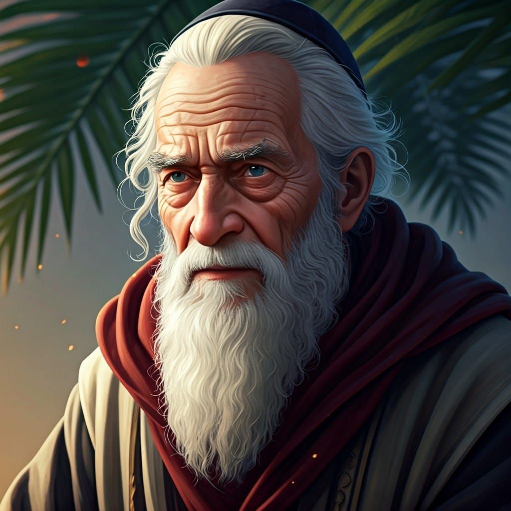 Elderly Man Climbing Palm Tree in Anime Style