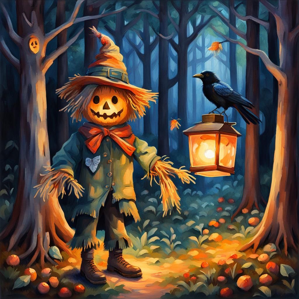 Anthropomorphic Scarecrow and Raven in Gouache Style