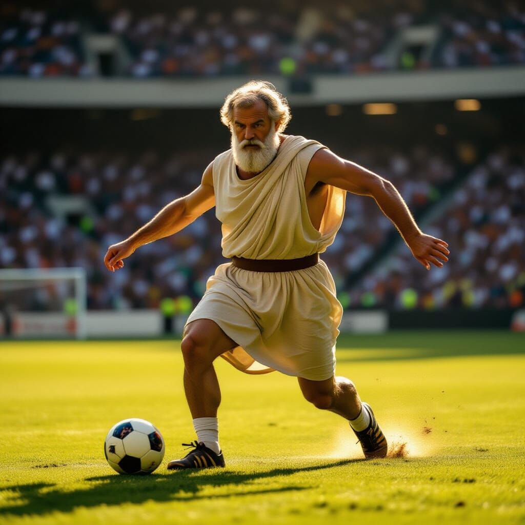 Socrates Plays Soccer in Stadium: Cinematic Film Still