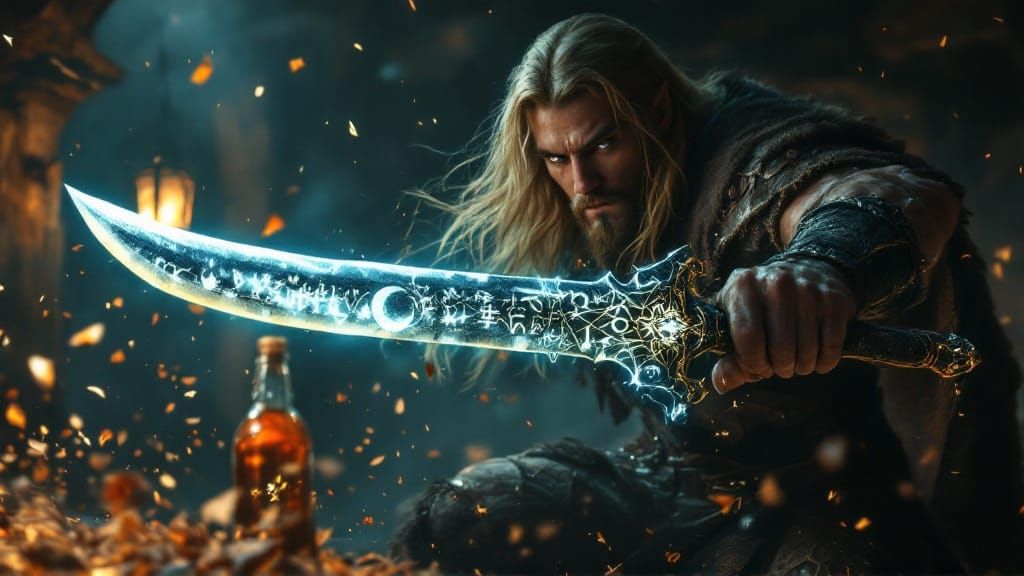 Half-Elven Barbarian Rogue Elkas in a Grimdark Tavern