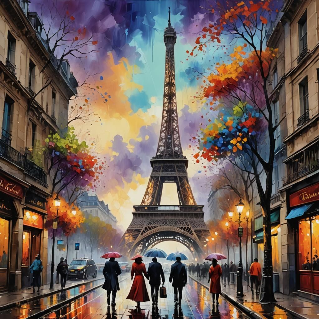 Eiffel Tower Painting in Colorful Street Scene Style