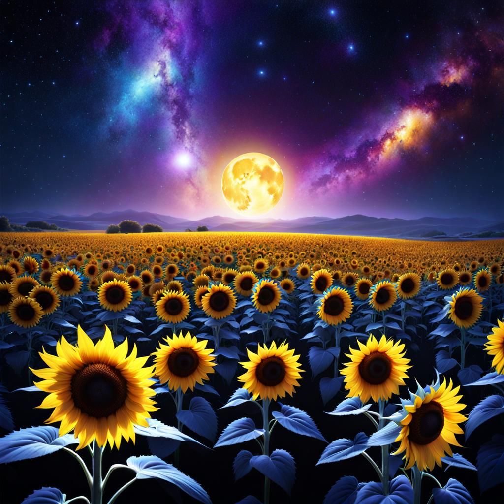 Moonlit Sunflower Field with Galactic Nebula