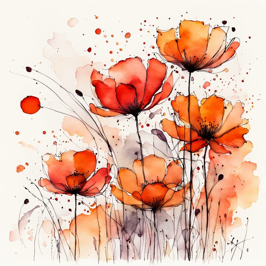 Abstract Floral Sketch with Crimson-Orange Hues