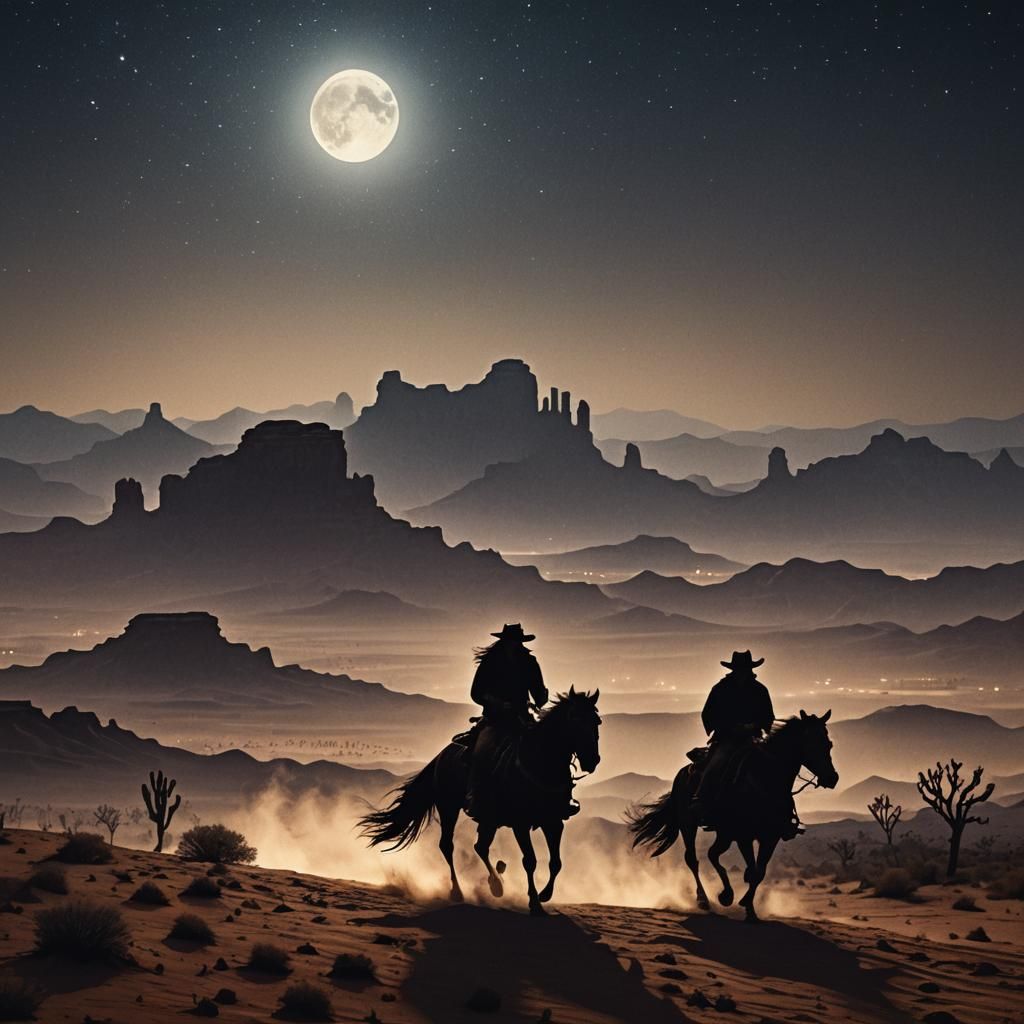 Cowboy Silhouette Rides Desert at Night