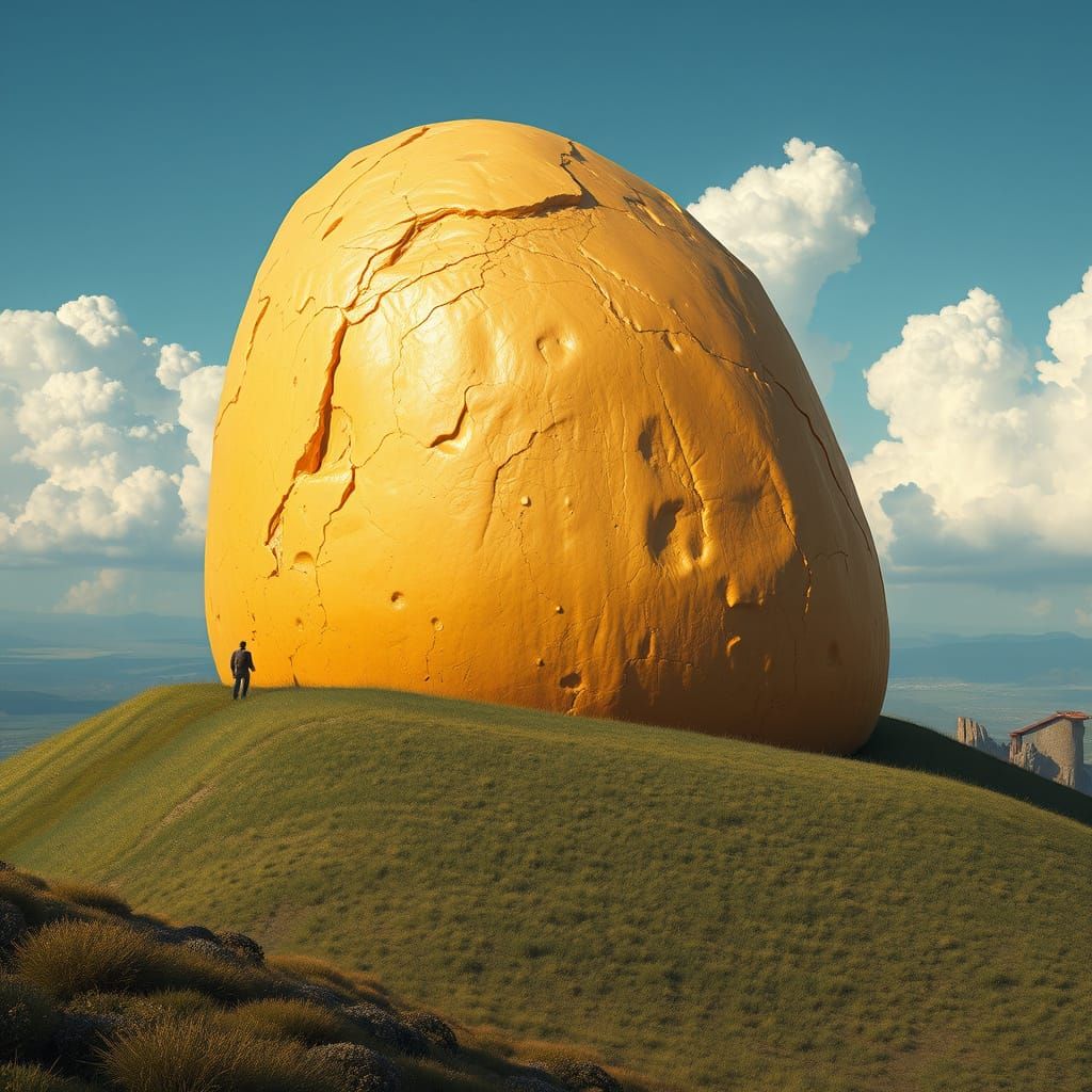 Gigantic Golden Cheese Monument in Futuristic Landscape