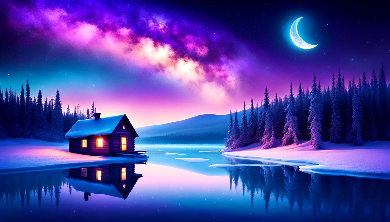 A Lone Cabin Under a Celestial Canvas in Frosty Serenity