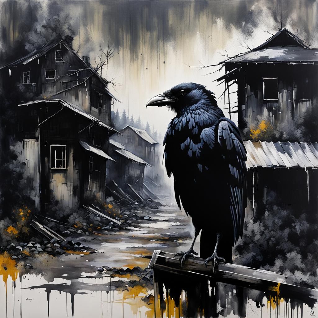 Melancholic Raven in Dystopian Village: Grunge Oil Painting