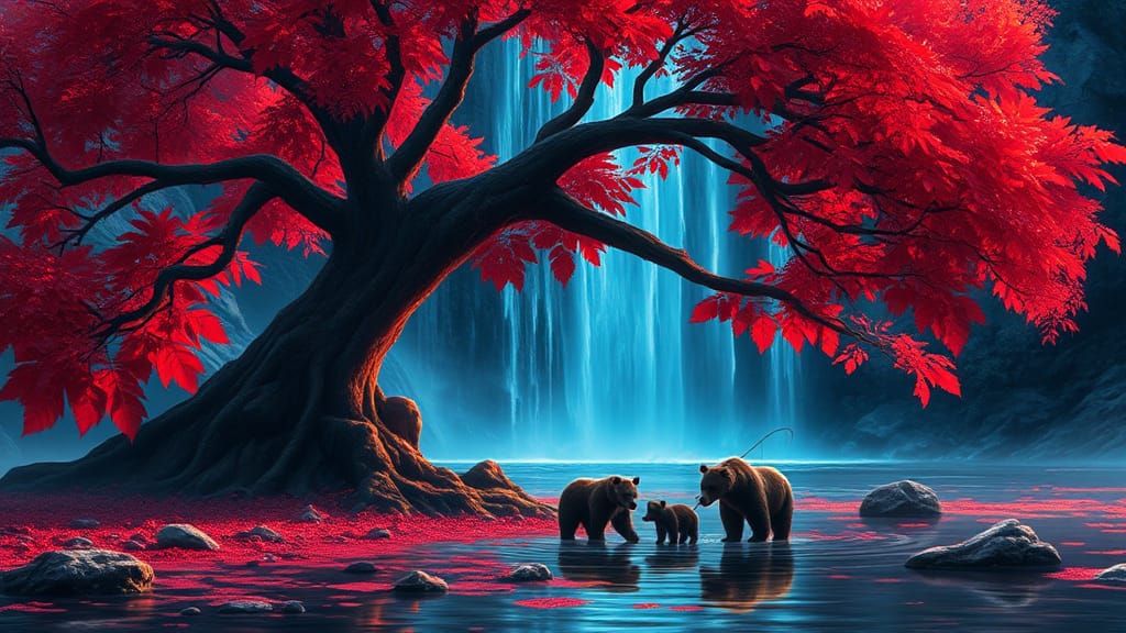 Fantasy Painting: Red-Leafed Tree and Blue Waterfall