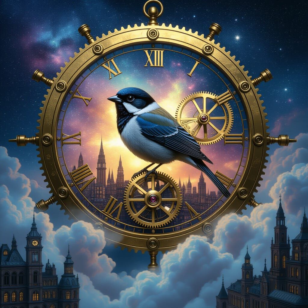 Clockwork Sparrow in Cosmic Victorian Cityscape