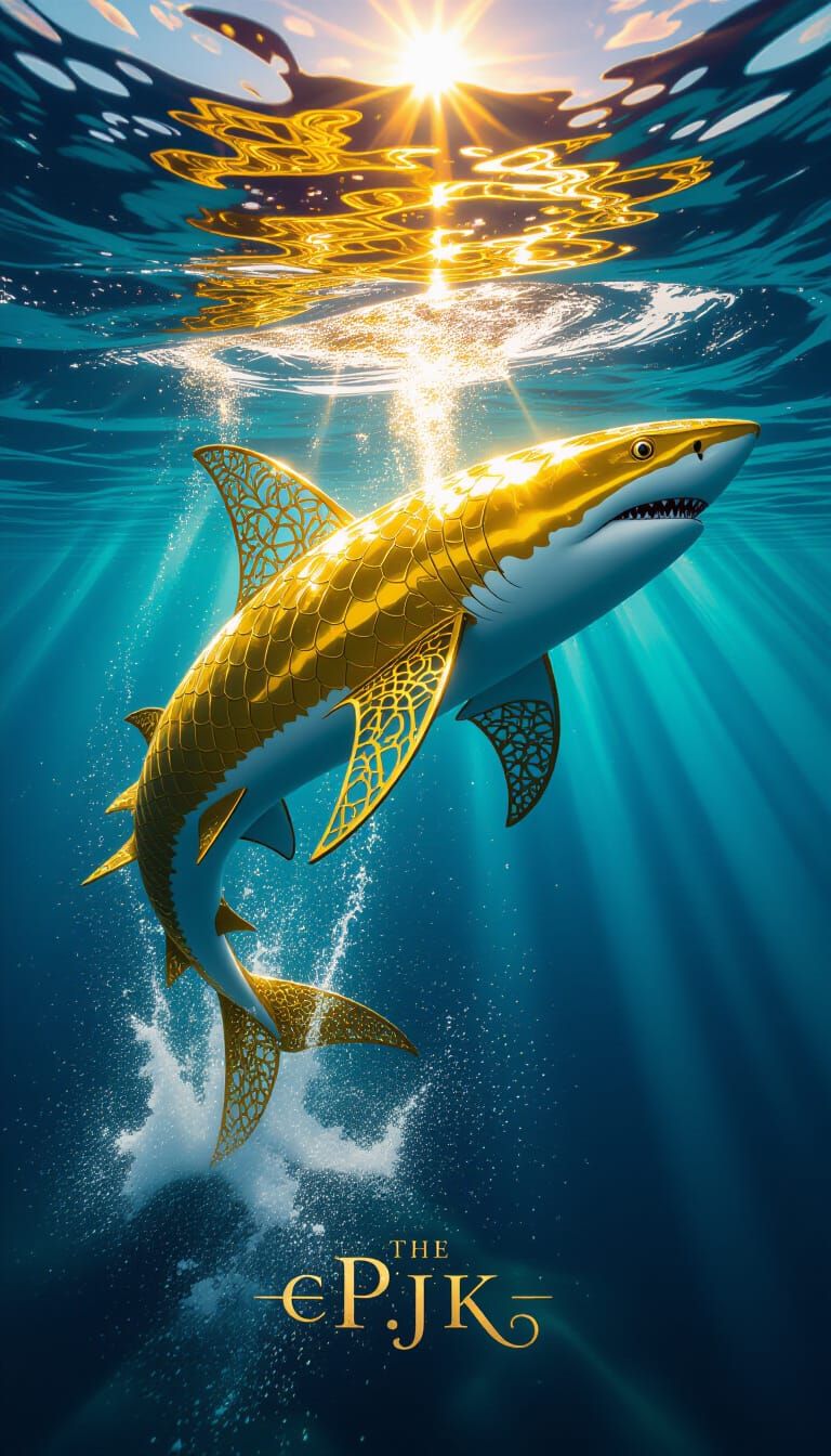 Golden Shark Leaping from Ocean at Sunset